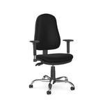 A black fabric office chair with adjustable armrests and a five-star chrome base, shown against a plain white background.