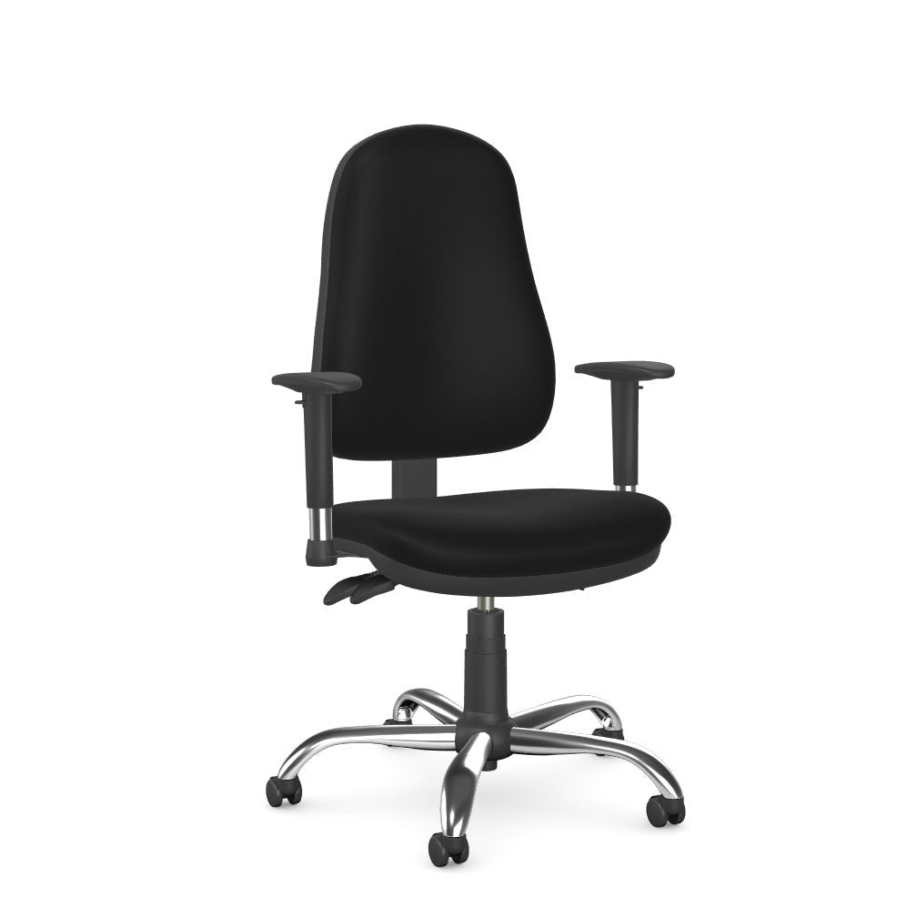 A black fabric office chair with adjustable armrests and a five-star chrome base, shown against a plain white background.