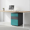 Two-toned filing cabinet with teal and gray colors on a white background