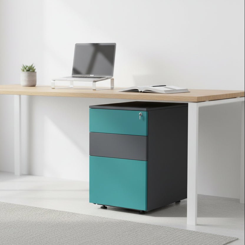 Two-toned filing cabinet with teal and gray colors on a white background