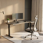 Modern home office with a desk, chair, and computer setup.