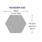 Hexagonal tile with measurements on a white background