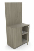 Wooden cabinet with a door and open shelf on a white background