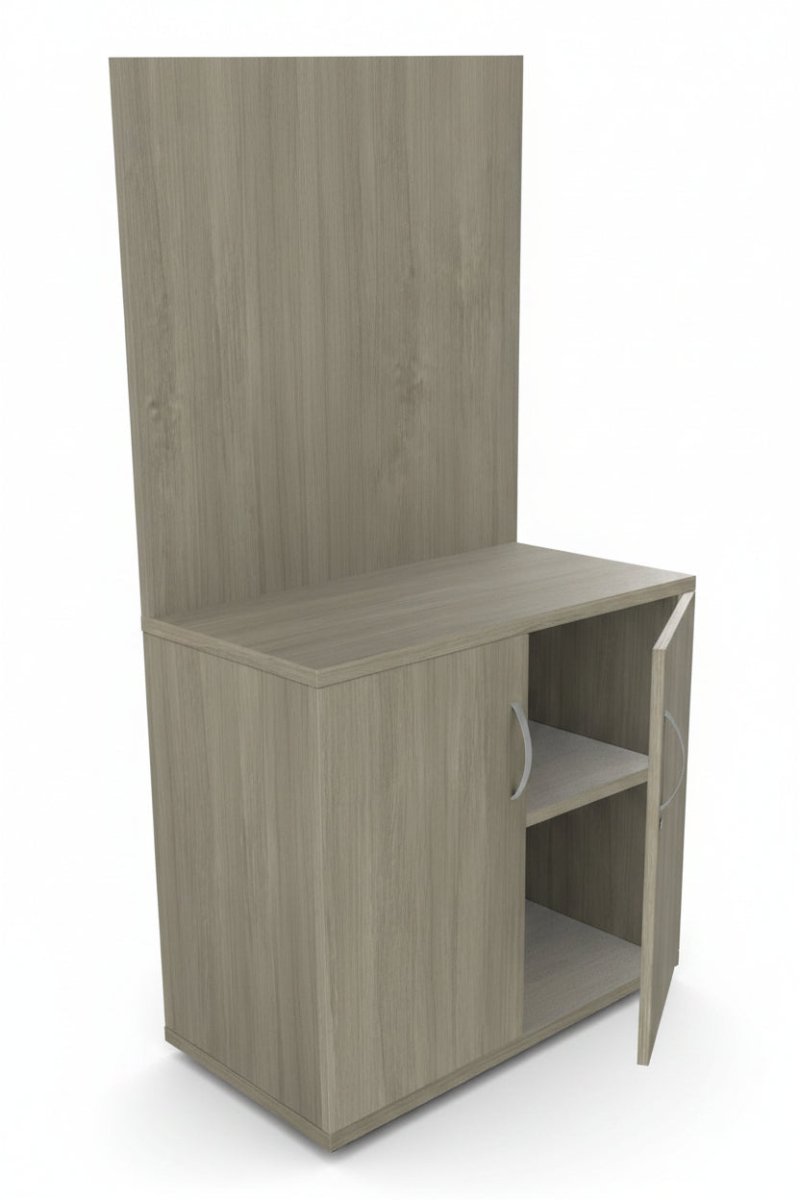 Wooden cabinet with a door and open shelf on a white background