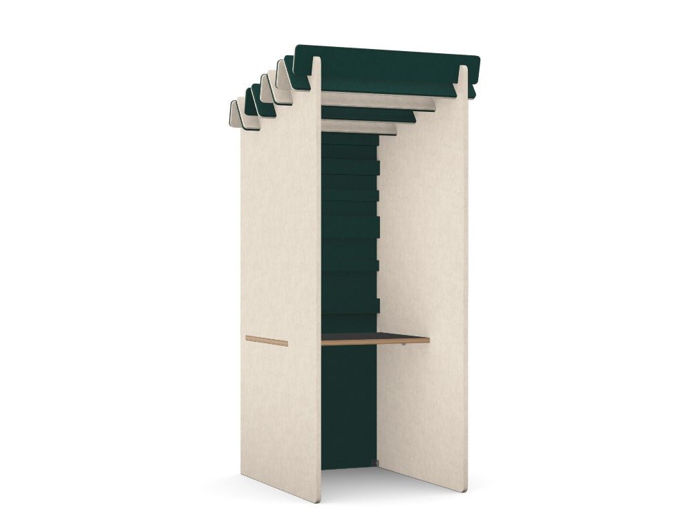 Koala Acoustic Booths - SKU: Booth: K-BOOTH/PLAIN, Side Wall Finish: Limestone_KP-05, Back Wall Finish: Deep-Forest_KP-34, Top: PET-BOOTH/8060/GR/PLY, Finish: GRAPHITE/PLYTHATSMYOFFICE