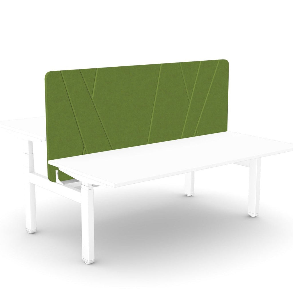 A modern white office desk with a built-in green upholstered backrest panel, shown on a clean white background.