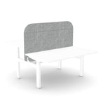 A white desk with a gray fabric panel backrest, shown on a clean white background.