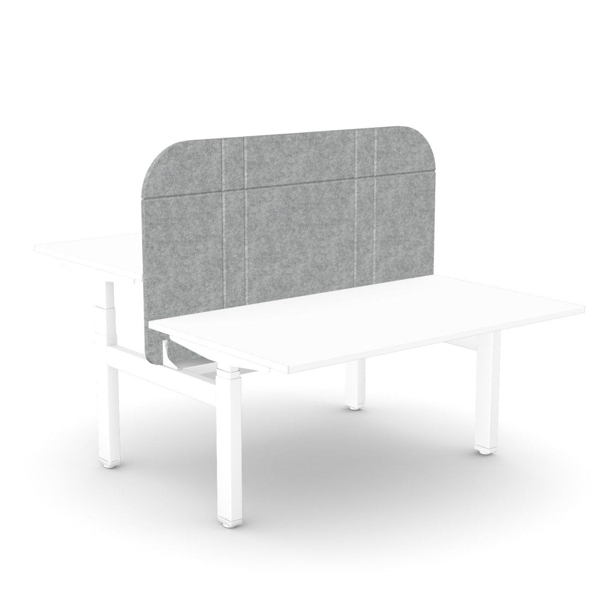 A white desk with a gray fabric panel backrest, shown on a clean white background.