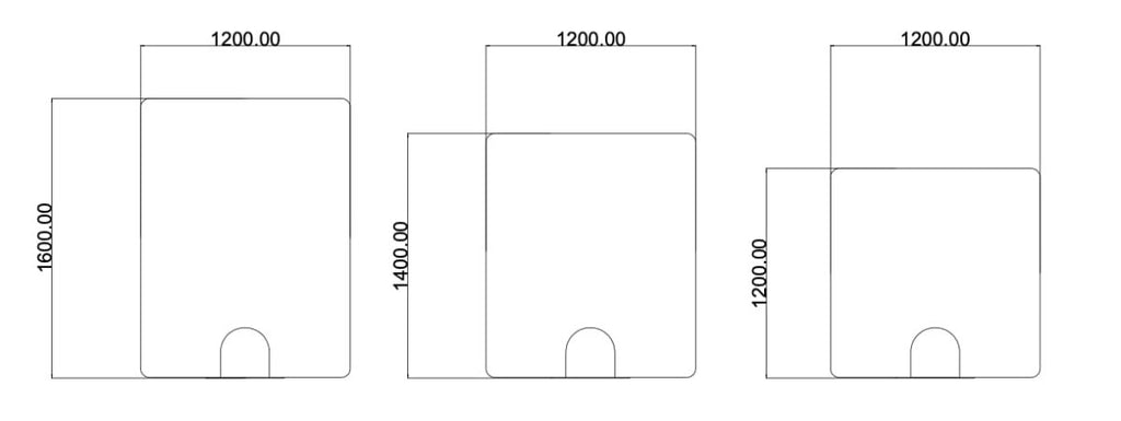 Technical dimension drawing showing three rectangular product outlines with rounded bottom corners, labeled with width 1200.00 and heights 1600.