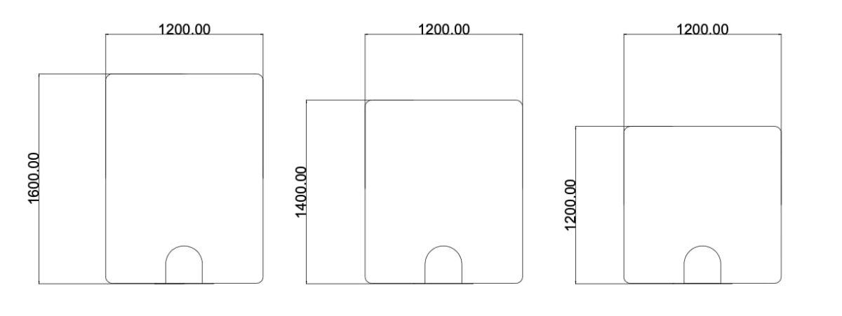 Technical dimension drawing showing three rectangular product outlines with rounded bottom corners, labeled with width 1200.00 and heights 1600.