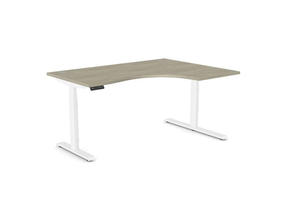 Leap Radial standing desk with adjustable height, white frame, and wood top