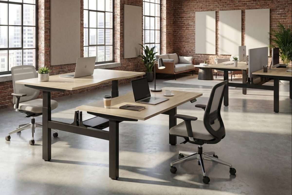 Spacious office workspace with multiple desks and ergonomic chairs