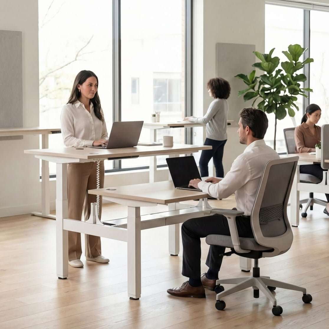 Office workers using sit-stand desks in bright workspace