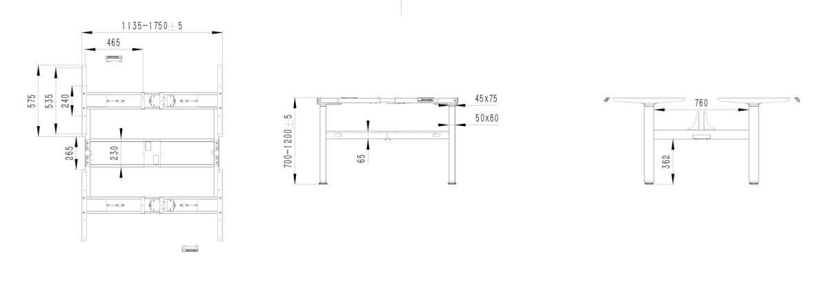 Technical drawing of height adjustable desk dimensions