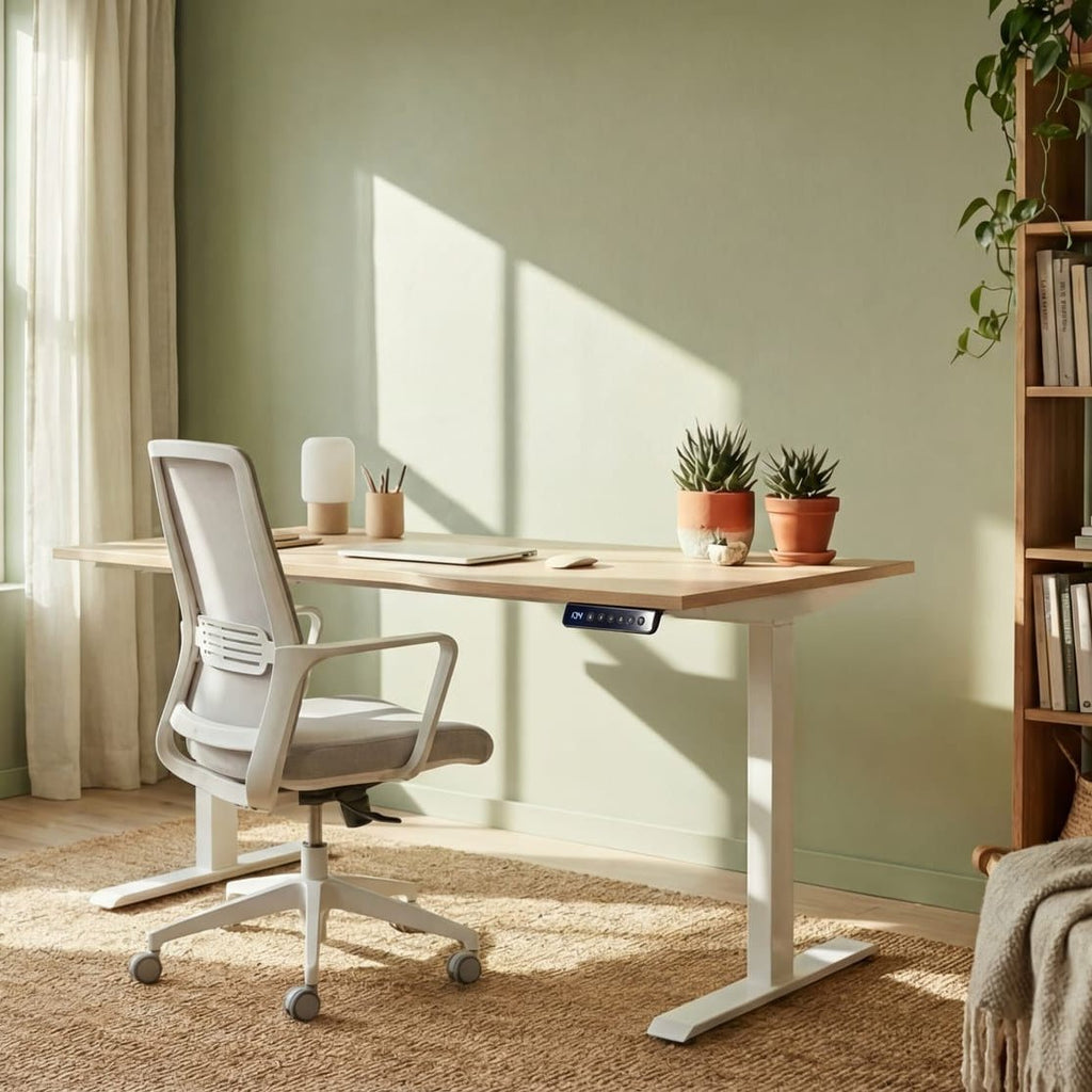 Modern home office with a desk, chair, and bookshelf.