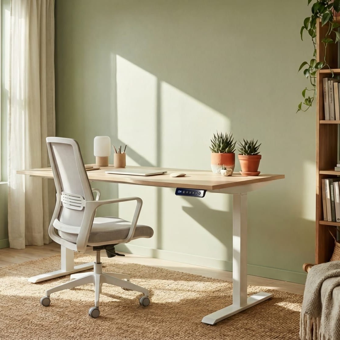 Modern home office with a desk, chair, and bookshelf.