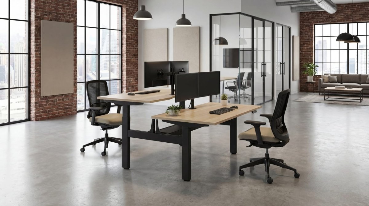 Modern office setup with a desk, chairs, and multiple monitors.