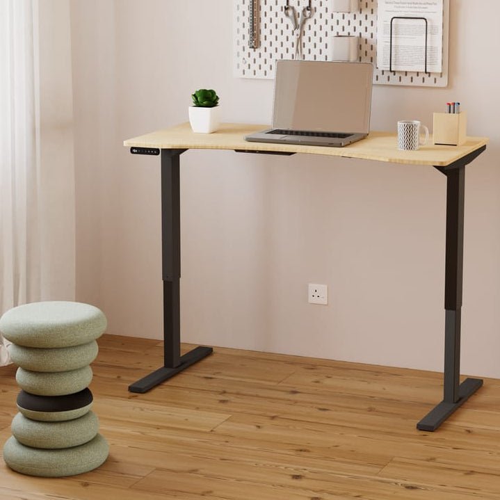 Modern home office with a adjustable desk, laptop, and decor elements.