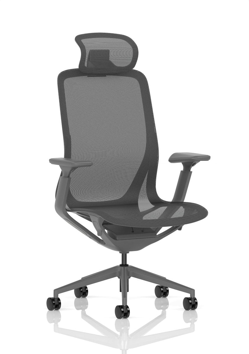Gray office chair with mesh back on a white background