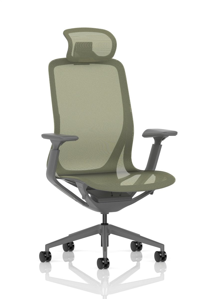 Green office chair with mesh back and gray frame on a white background