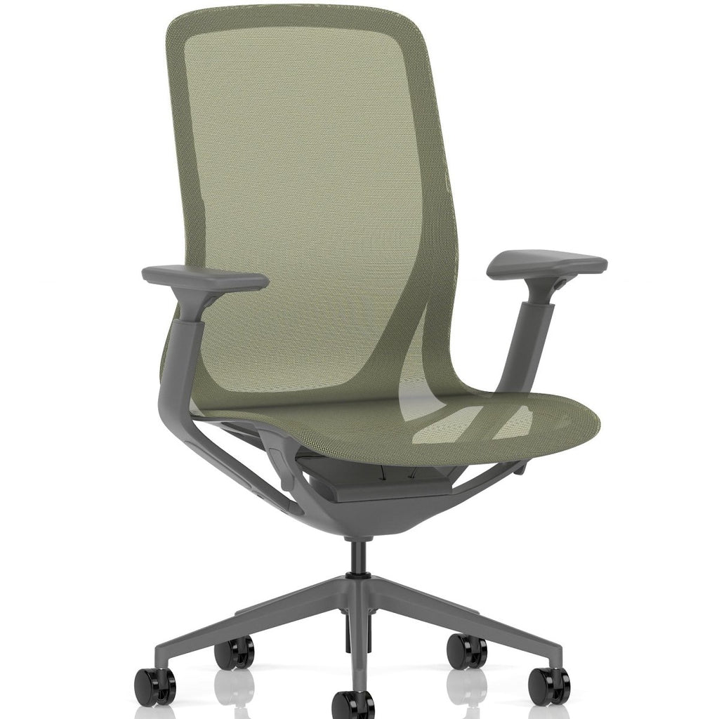 Green office chair with mesh backrest on a white background