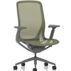 Green office chair with mesh backrest on a white background