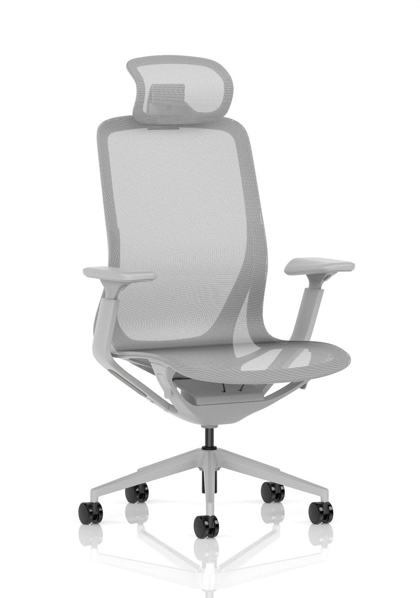 Gray office chair with mesh back on a white background