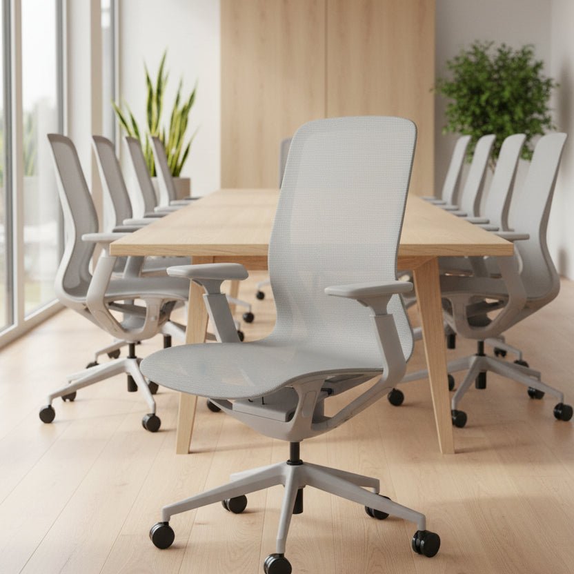 Gray office chair with mesh back on a white background