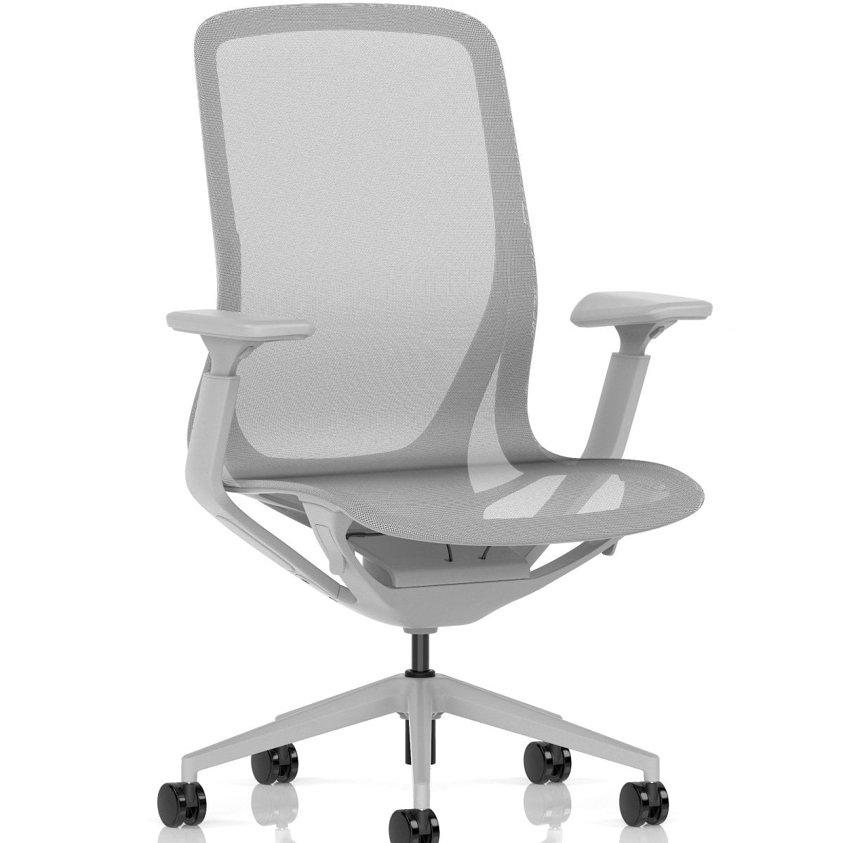 Gray office chair with mesh back on a white background
