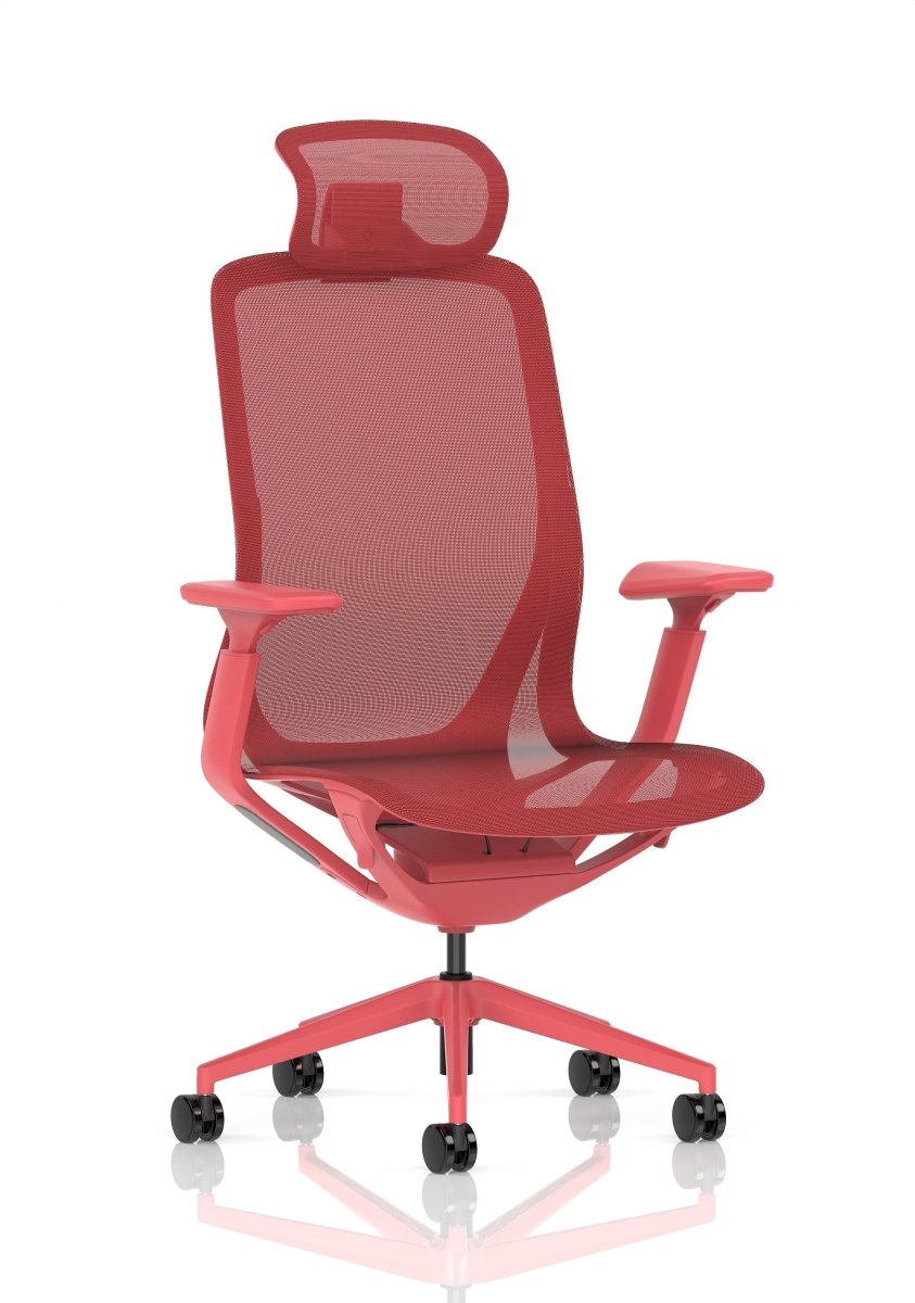 Red office chair with mesh back on a white background