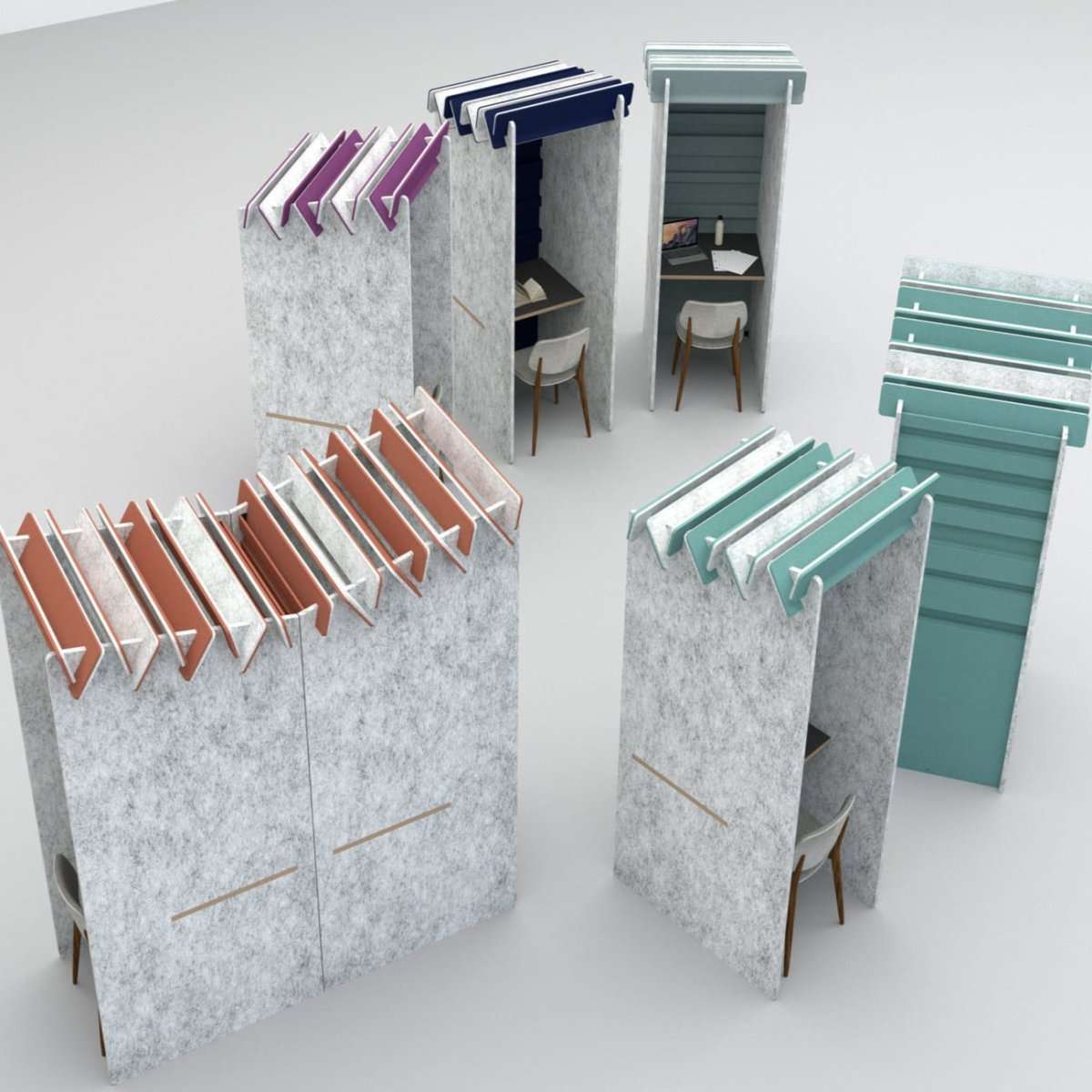 Office acoustic booths with privacy panels and seating