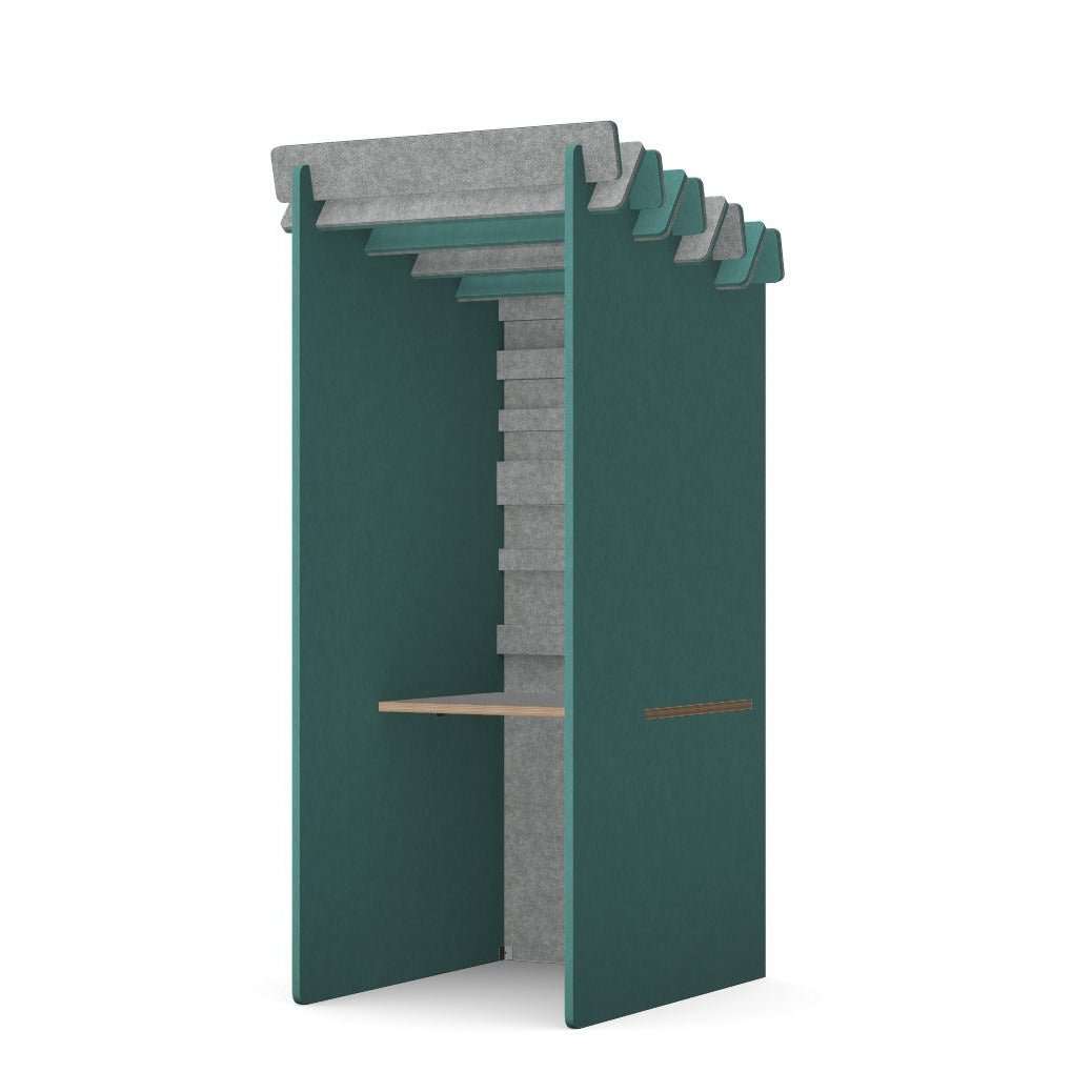 Modern acoustic booth with teal panels and grey felt interior for office privacy