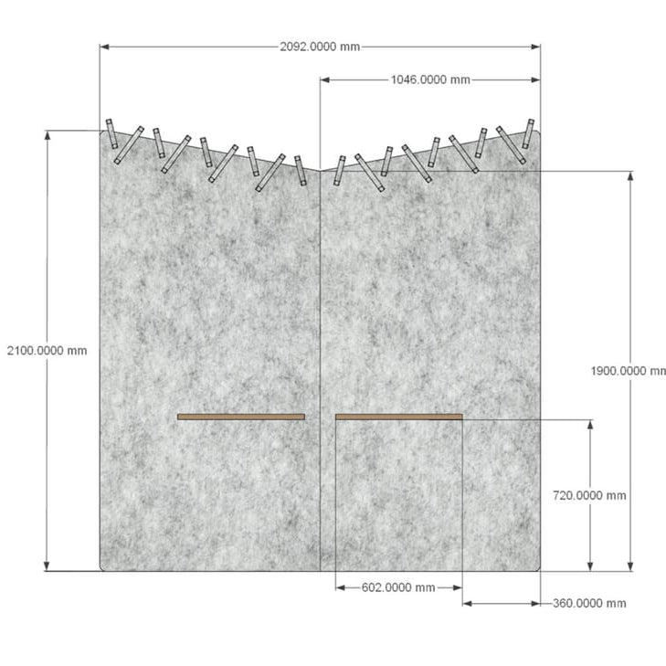 Blueprint-style illustration of office pod with dimensions and color options.