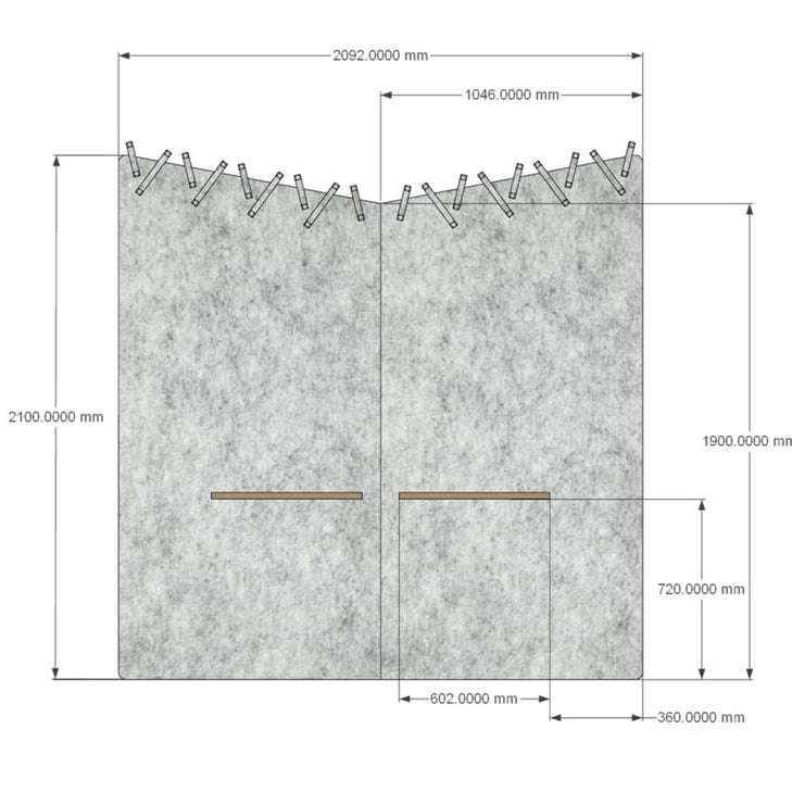 Blueprint-style illustration of office pod with dimensions and color options.