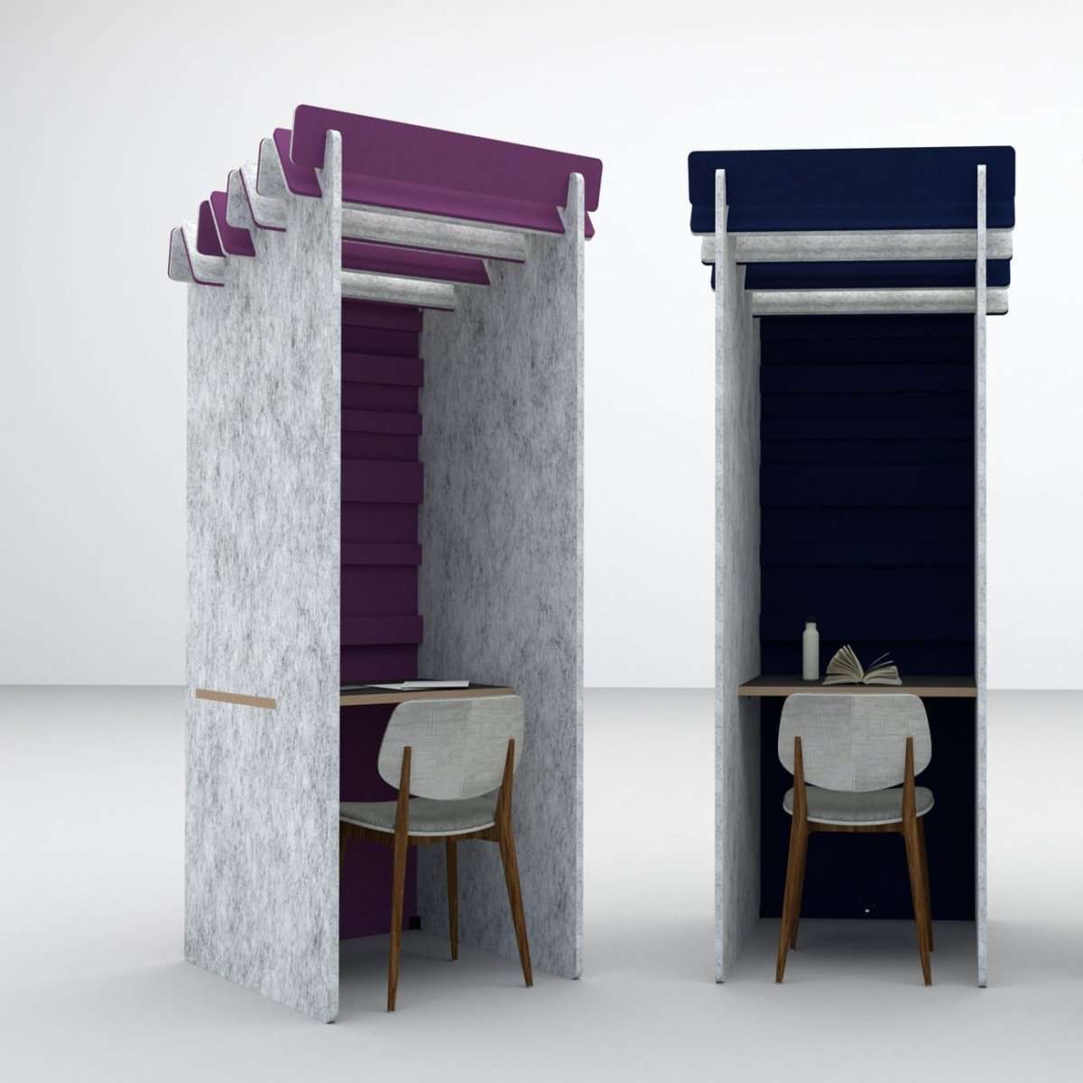 Office acoustic booth with purple interior and wooden desk