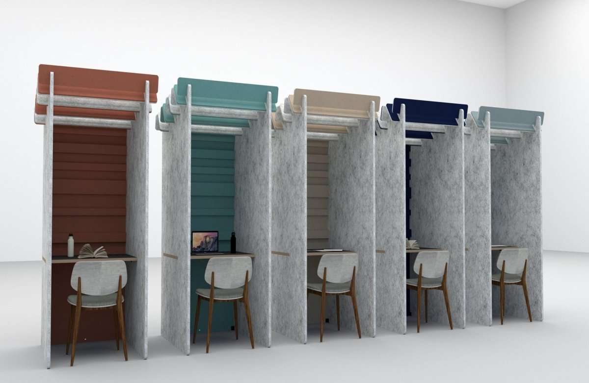 Colorful office acoustic call pod with orange and teal panels