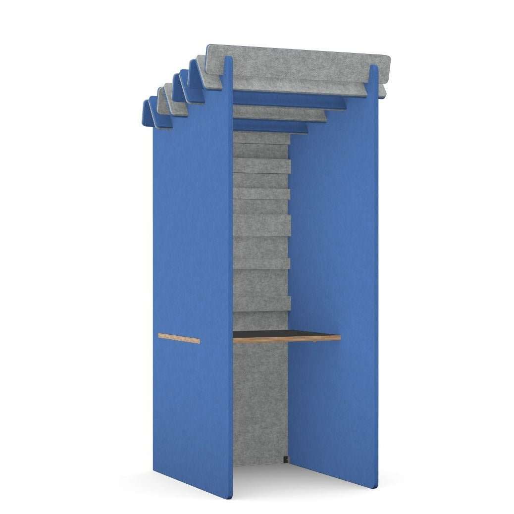 Blue acoustic booth with felt interior and wooden desk for private calls