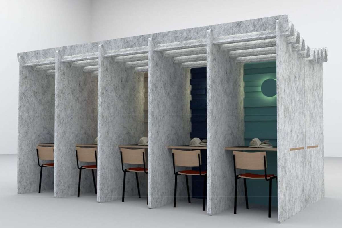 Modular acoustic call pods with seating and workspace