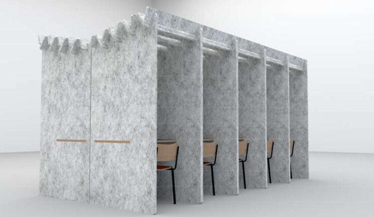 Felt acoustic booth with grey and white panels and seating for quiet office zones