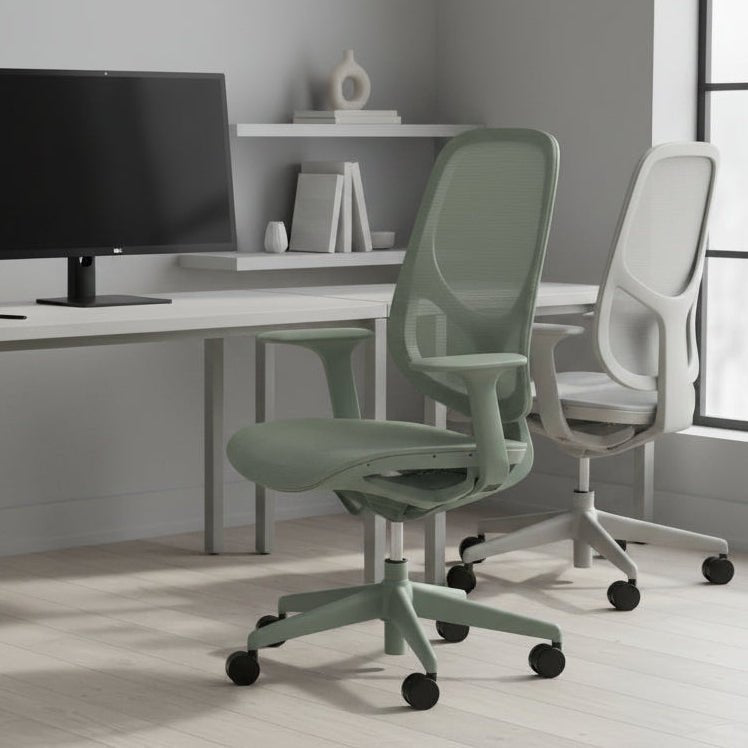 Green office chair with mesh back on a white background