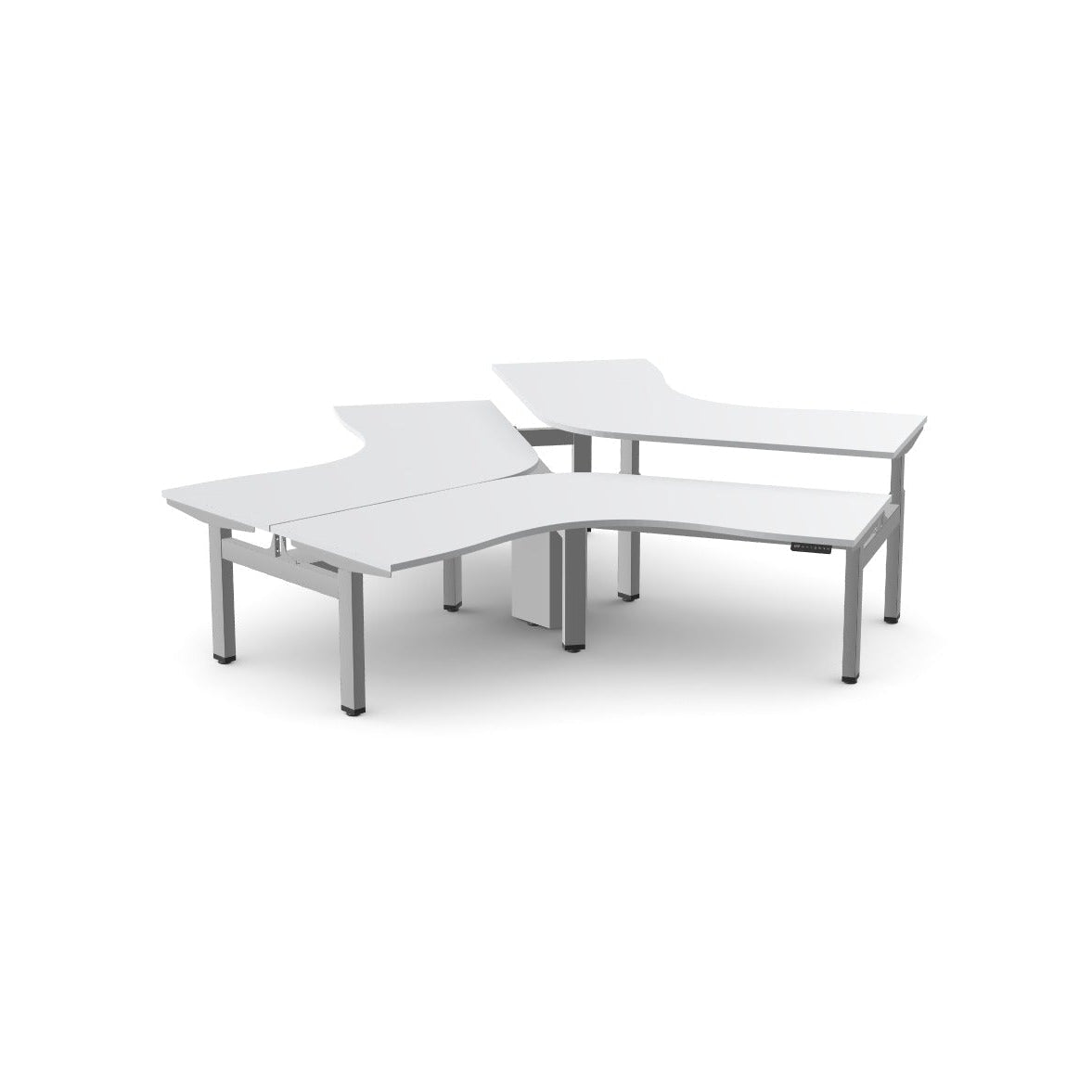White L-shaped office desk on a white background