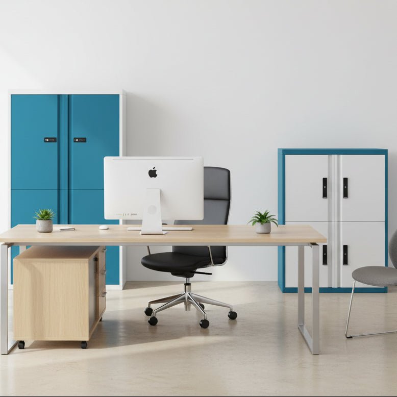 Two storage cabinets with blue and white doors on a white background