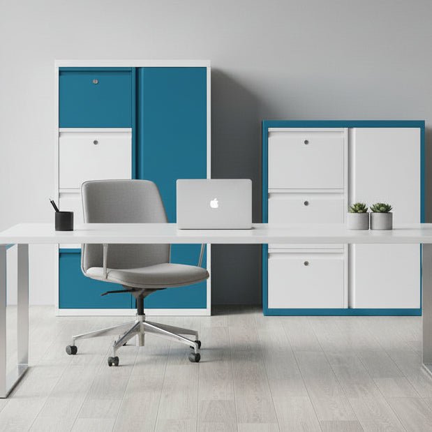 Two blue and white storage cabinets on a white background