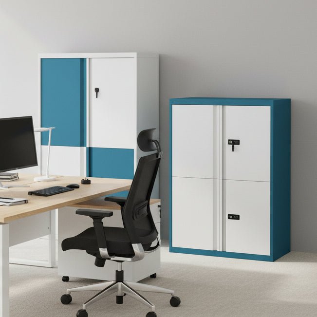 Two storage cabinets with blue and white color scheme on a white background