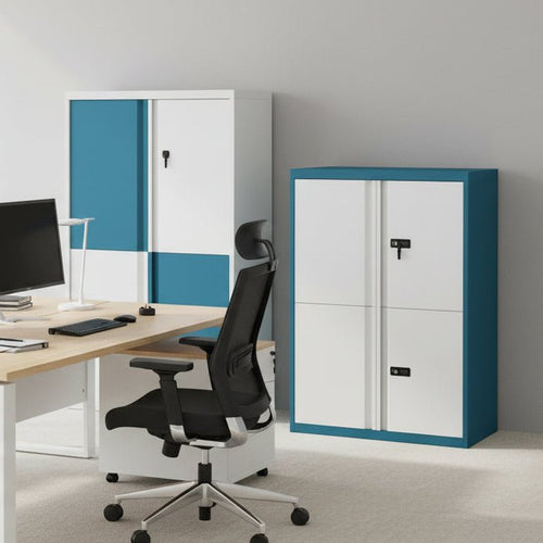 Two storage cabinets with blue and white color scheme on a white background