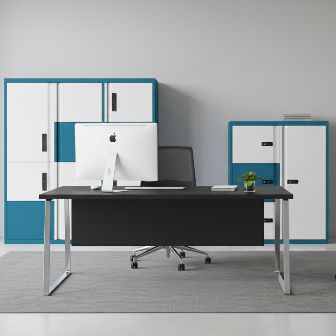 Two blue and white storage lockers on a white background