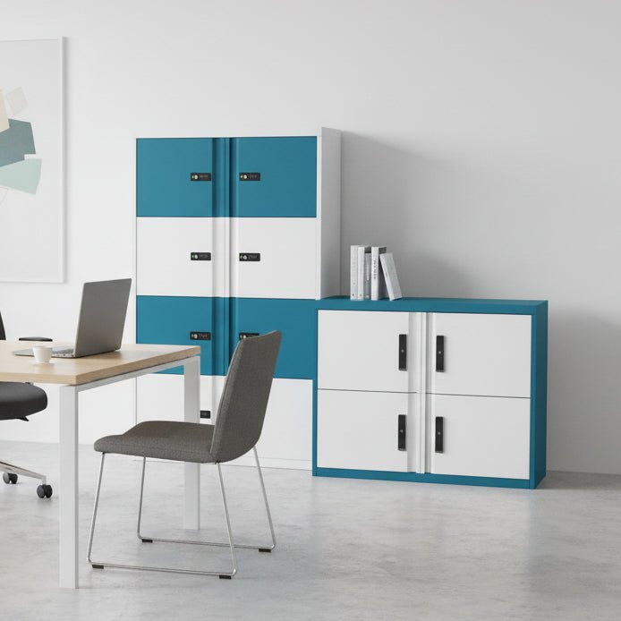 Two storage cabinets with blue and white design on a white background