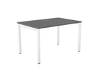 Rectangular table with gray top and white legs on a white background
