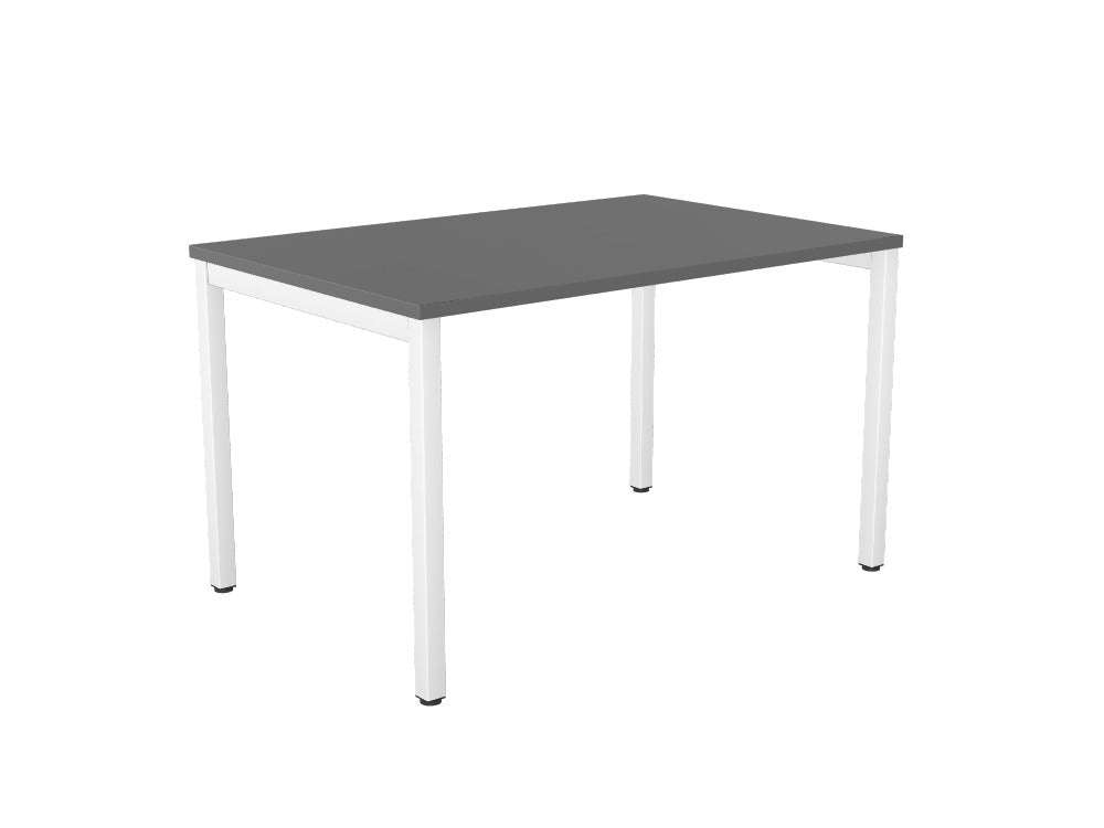 Rectangular table with gray top and white legs on a white background