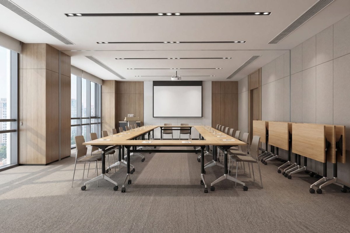 Modern conference room with large windows, wooden tables, and chairs.